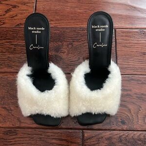 Black Suede Studio x Caroline Stanbury Heel Mule in Black / White Fur Size 38